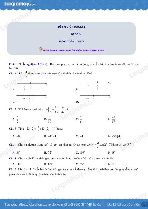 Đề thi giữa kì 1 Toán 7 - Đề số 3 - Kết nối tri thức